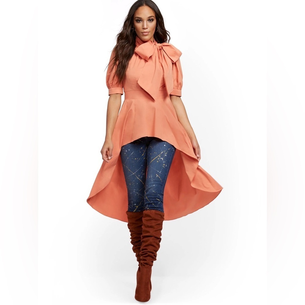 New York & Co High-Low Salmon Top w/ Bow and Puff Sleeves Size XL